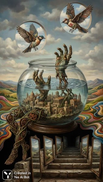 Сюрреалистический мир: город в аквариуме и отражения бесконечности. Нейронная сеть Нано Банана