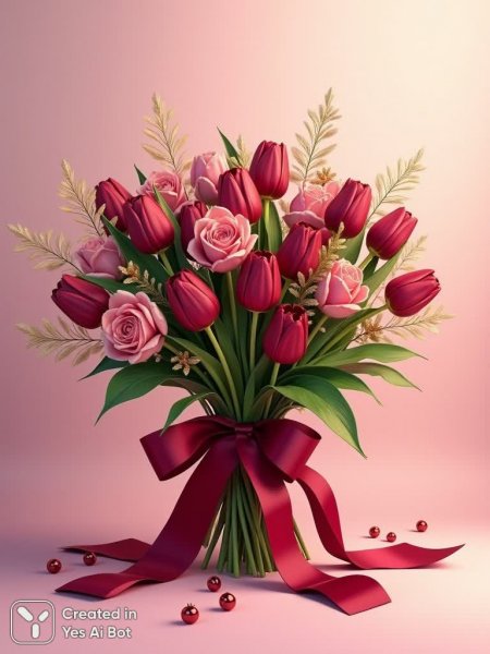 Роскошный букет: бархатные тюльпаны и нежная пастельная атмосфера. Изображение из нейронной сети Flux.1