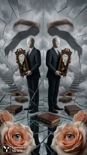 Двойни в зеркальном лабиринте: сюрреалистичная реальность и текущее время. Картинка из нейросети NanoBanana