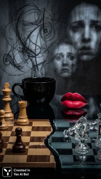 Черно-красный контраст: кофе, губы и тревога шахматной души. Картинка из нейронной сети Nano Banana