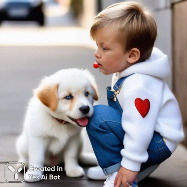 Мальчик и собака: трогательный момент нежности на улице. Нейронная сеть Stable Diffusion