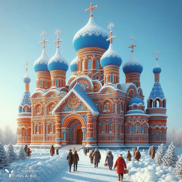 Зимняя сказка: вязаный храм и рождественская атмосфера. Картинка из нейронной сети Далли 3