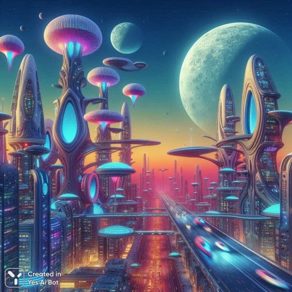 Загадочный инопланетный мегаполис с двумя лунами в небесах далекой галактики. Генерация из нейронной сети Dalle