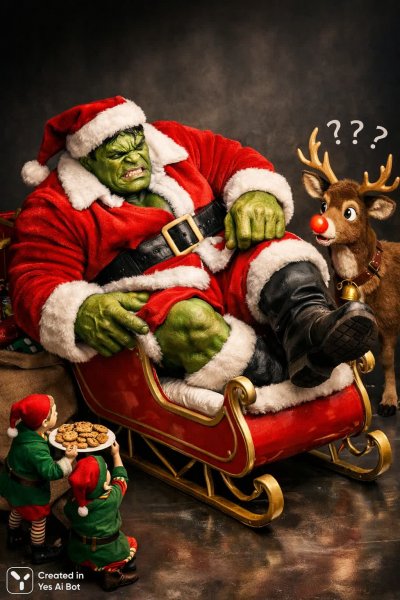 Халк в костюме Санты: нелепые приключения и рождественское безумие. Картинка из нейросети Sora Image