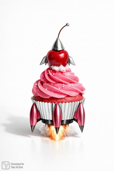 Розовый капкейк-ракета в гиперреалистичном стиле. Картинка из нейронной сети Sora Images