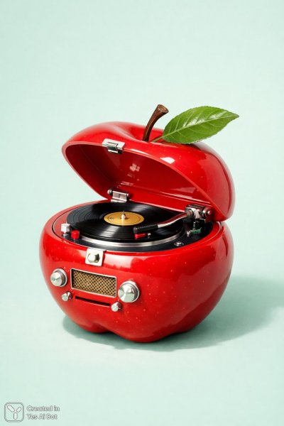 Яблоко-грампластинка: сюрреалистичная иллюстрация в минималистичном стиле. Нейронная сеть Sora Image