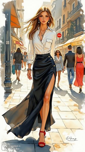 Элегантный силуэт в городской динамике: мода и живопись акварелью. Изображение из нейросети Flux Ai