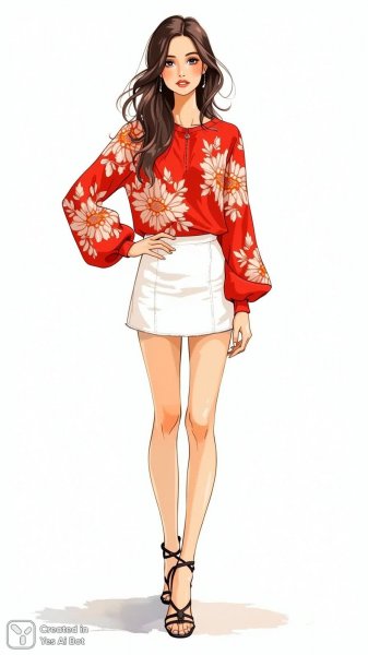 Иллюстрация моды: элегантность в красном цветочном топе и белой юбке мини. Генерация из нейронной сети Flux
