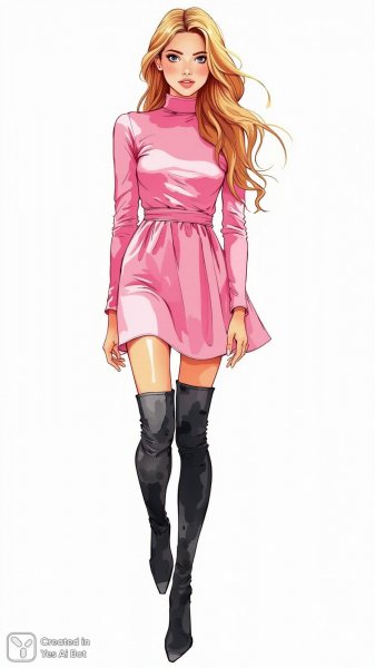 Нежная акварель: женственный образ в розовом платье и высоких сапогах. Изображение из нейросети Flux 1