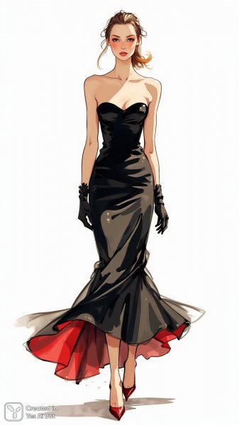 Изящный образ: акварельная мода и элегантность в черном платье. Изображение из нейросети Flux