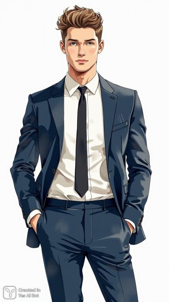 Элегантный мужчина в темно-синем костюме: акварельный стиль иллюстрации. Нейросеть Flux