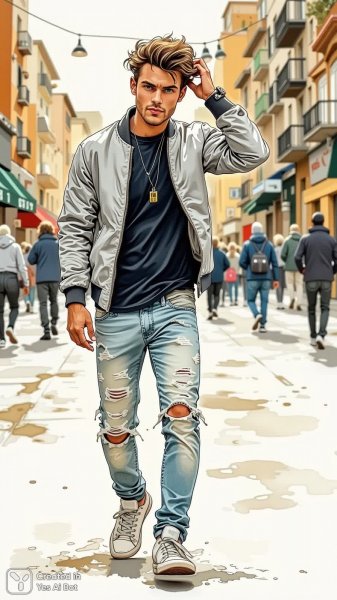 Модный скетч акварелью: городской стиль и непринужденная элегантность молодого человека. Изображение из нейросети Flux Ai