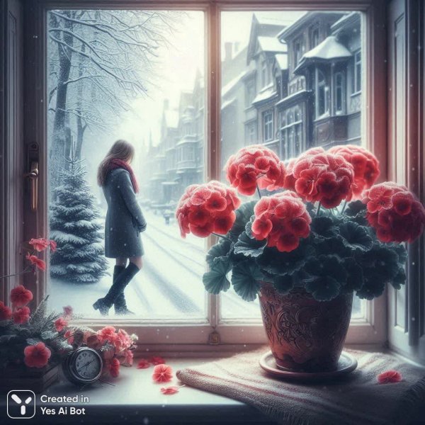 Зимнее утро у окна: тишина, снег и герань. Генерация из нейросети Dalle-3