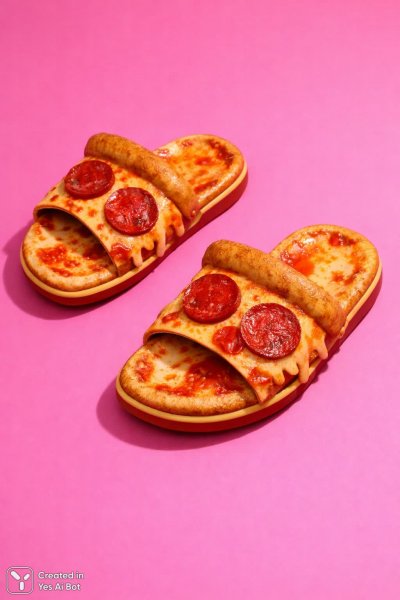 Пицца-сандалии на розовом фоне: игривый минимализм и сюрреалистичный дизайн. Генерация из нейронной сети Sora Ai Images
