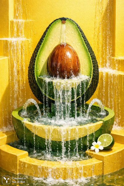 Авокадо-фонтан: яркий сюрреализм и игривый дизайн в студии. Нейронная сеть Sora Image