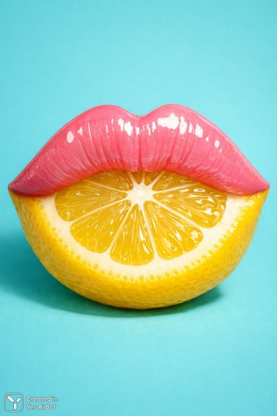 Розовые губы и лимон: сюрреалистичное сочетание в стиле поп-арт. Изображение из нейросети Sora images Ai