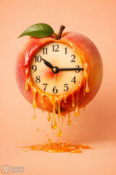 Гротескное время: часы-персик в нереальном пейзаже. Генерация из нейронной сети Sora Ai Images