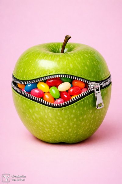 Яблоко с сюрпризом: красочный мир внутри и нежная пастельная гамма вокруг. Изображение из нейросети Sora images Ai