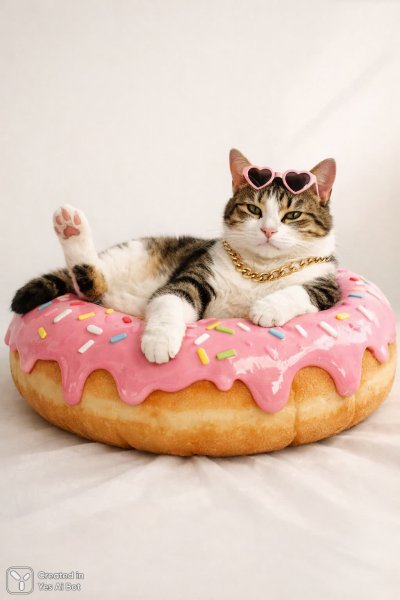 Котик на пончике: милый и аппетитный шедевр иллюстрации. Генерация из нейросети Sora Image