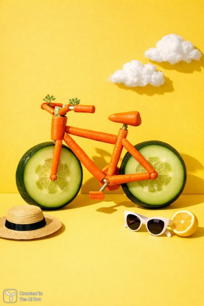 Овощной велосипед: сюрреалистичная и игривая композиция с яркими деталями. Нейронная сеть Sora Images