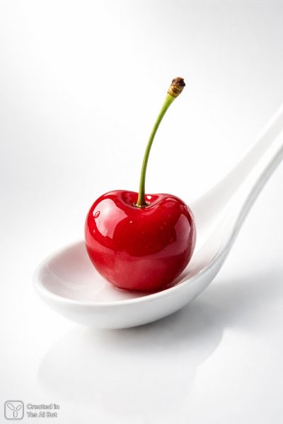 Изысканная вишня на керамической ложке: деликатный оттенок и макро-съемка. Изображение из нейросети Sora