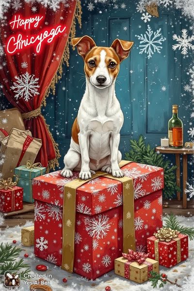 Зимнее поздравление: Джек Рассел и подарок в стиле Милли Маротта. Изображение из нейросети Flux