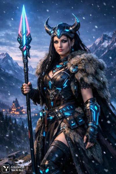 Эми Ли: женщина-викинг будущего в объятиях древности и неоновых огней. Изображение из нейросети Sora images Ai