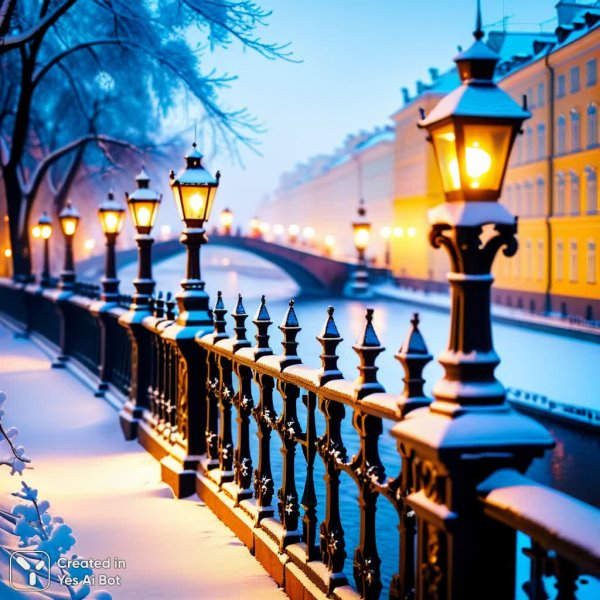 Зимний Петербург: мосты, снег и размытый свет над Мойкой. Изображение из нейросети Stable Diffusion