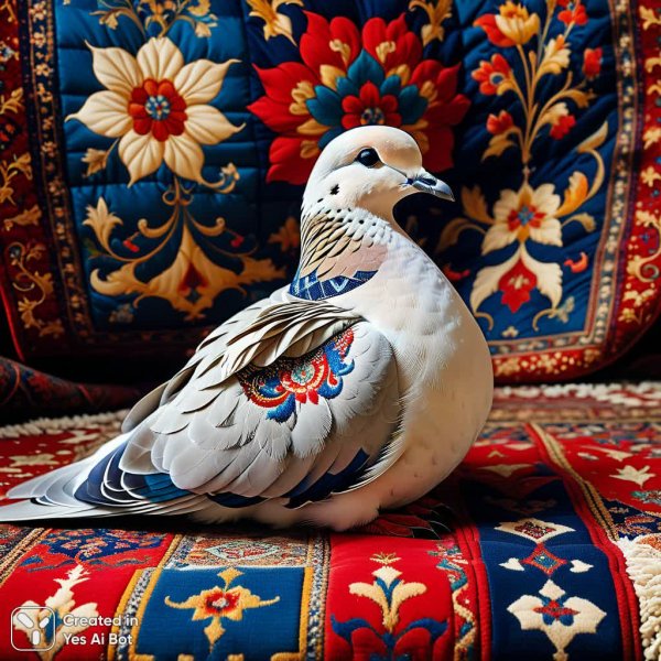 Голубь в стильном пуховике с персидским узором: неожиданный зимний стиль. Изображение из нейросети Stable Diffusion