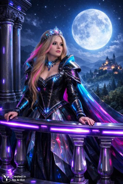 Принцесса из будущего: Неоновый взгляд на средневековье. Avril Lavigne. Картинка из нейронной сети Sora