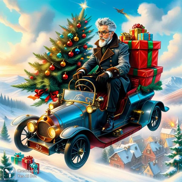 Новогоднее приключение в стиле стимпанк: праздник с летающим автомобилем и подарками. Изображение из нейросети Stable Diffusion