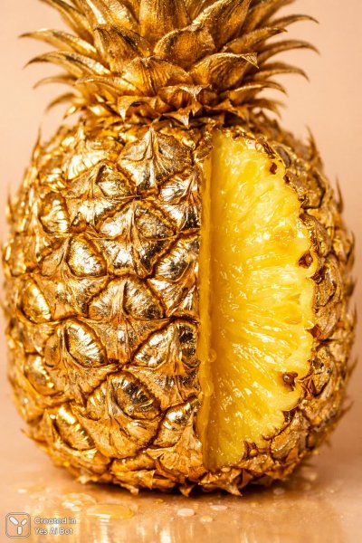Сочный ананас крупным планом: золотые оттенки и нежная текстура в студийной съемке. Изображение из нейросети Sora Images