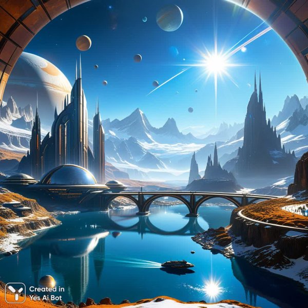 Парящий город будущего над горным пейзажем с инопланетной атмосферой. Нейросеть Stable Diffusion