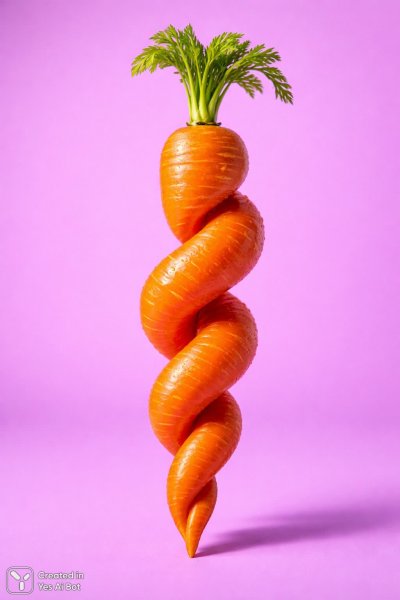 Оранжевая морковь в спирали на фиолетовом фоне: фотореалистичный студийный снимок. Генерация из нейросети Sora