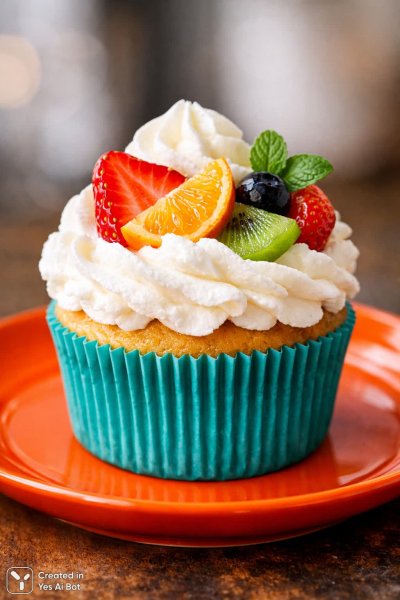 Изысканный десерт: яркий кекс с фруктами и воздушным кремом на апельсиновой тарелке. Картинка из нейронной сети Sora Image