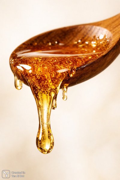 Изысканный мед: макросъемка в теплом свете с деревянной ложкой. Генерация из нейросети Sora Image