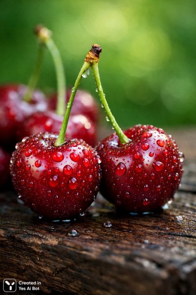 Сочные вишни в капельках росы: макросъемка с естественным освещением. Генерация из нейросети Sora Images