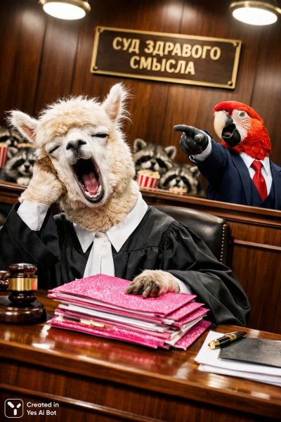 Судебные тяжбы альпаки: абсурдный фарс в зале суда. Генерация из нейронной сети Sora