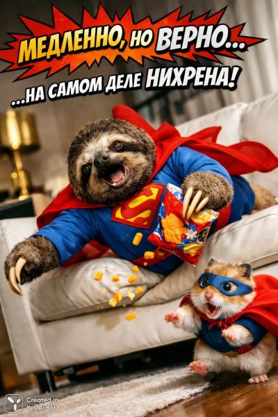 Ленивец-супергерой: эпичное падение и спасение от хомяка в фотореалистичном стиле. Генерация из нейронной сети Sora Image