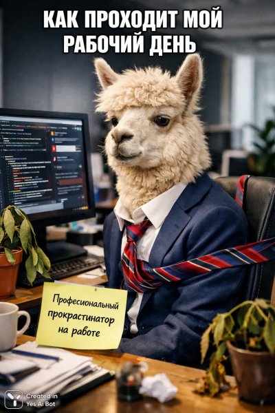 Ламка в костюме: офисная драма и профессиональное прокрастинирование. Картинка из нейросети Sora Images