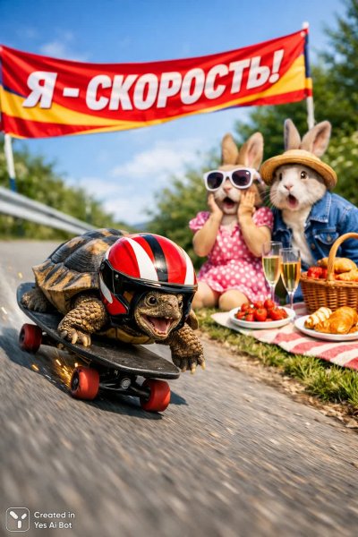 Черепаха на скейтборде: стремительное погружение в фотореализм и безудержный юмор. Картинка из нейросети Sora Images