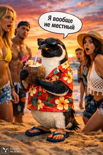 Пингвин на вечеринке: ироничный взгляд туриста в тропиках. Картинка из нейросети Sora images Ai