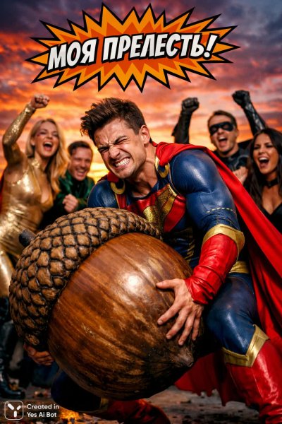 Белка-супергерой и гигантский орех: эпичный закат и ироничная подпись Моя прелесть!. Картинка из нейронной сети Sora Ai Images