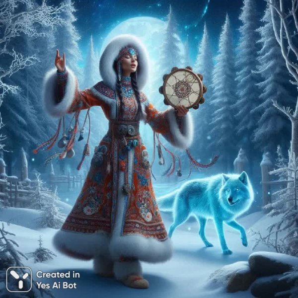 Шаманка Якутии: танец с духами в заснеженном лесу и волшебный зов предков. Нейронная сеть Dalle 3