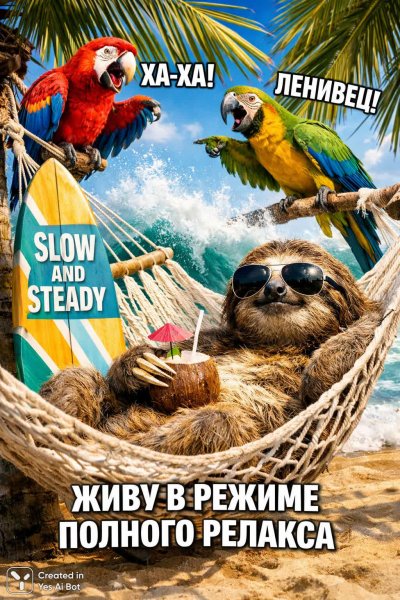 Ленивец в гамаке: воплощение спокойствия и безмятежности на райском пляже. Генерация из нейросети Sora Ai Images