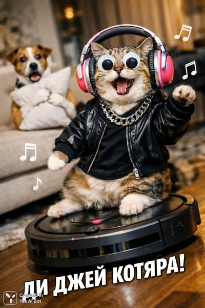 Котик-диджей на Румбе: фотореалистичный мем с забавной реакцией пса. Генерация из нейросети Sora Ai Images
