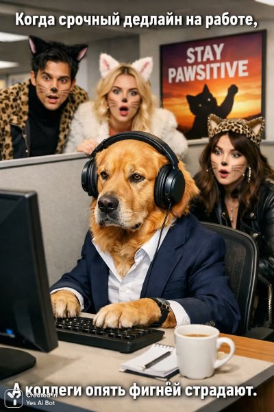 Офисный пес: угарный мем в фотореалистичном стиле с кошачьими коллегами и мотивирующей иронией. Изображение из нейронной сети Sora