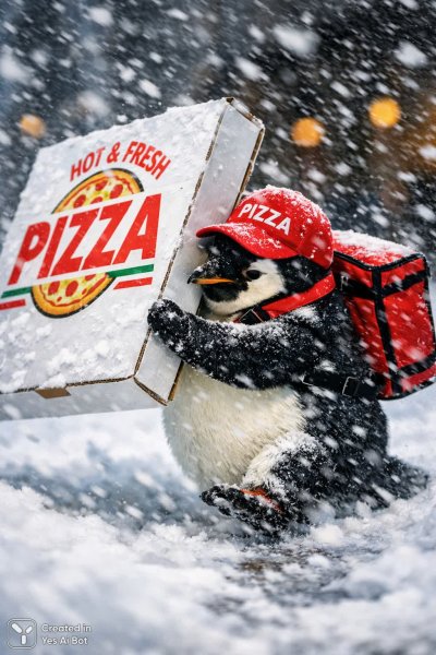 Пингвин-доставщик: фотореалистичный мем в зимнюю бурю. Нейронная сеть Sora images Ai