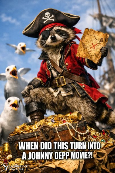 Пиратский енот и сокровища: фотореалистичный мем в стиле Canon EOS R5. Картинка из нейронной сети Sora Images