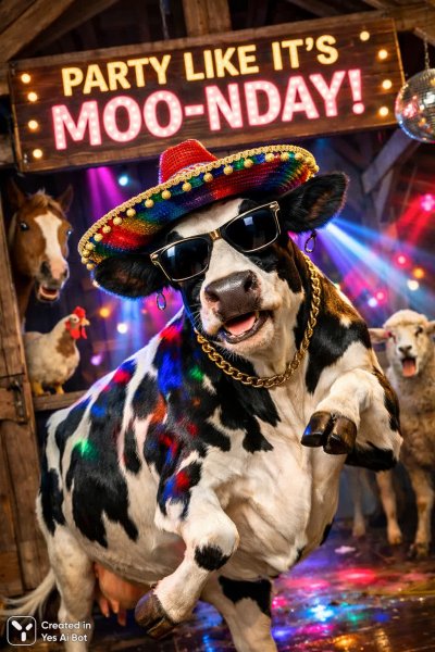 Корова в сомбреро: безумная дискотека на ферме под лучами заката. Изображение из нейросети Sora Ai Images
